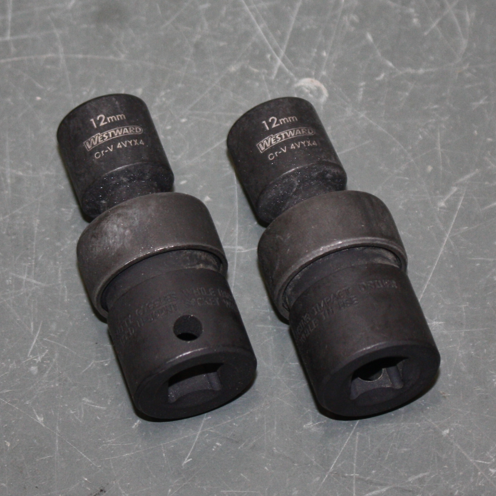 (2) Westward Flex Impact Socket 4VYX4, 3/8" Drive, 12mm, 6-Point, Cr-V Steel
