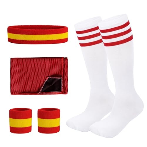 6 Pcs 80s Sweatbands and Striped High Tube Socks Set for Men Women Red