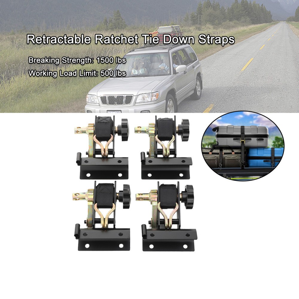 4x Ladder Rack Ratchet Straps w/ J-Hook 1.5"x7.5" Black Retractable Ratchet Tie