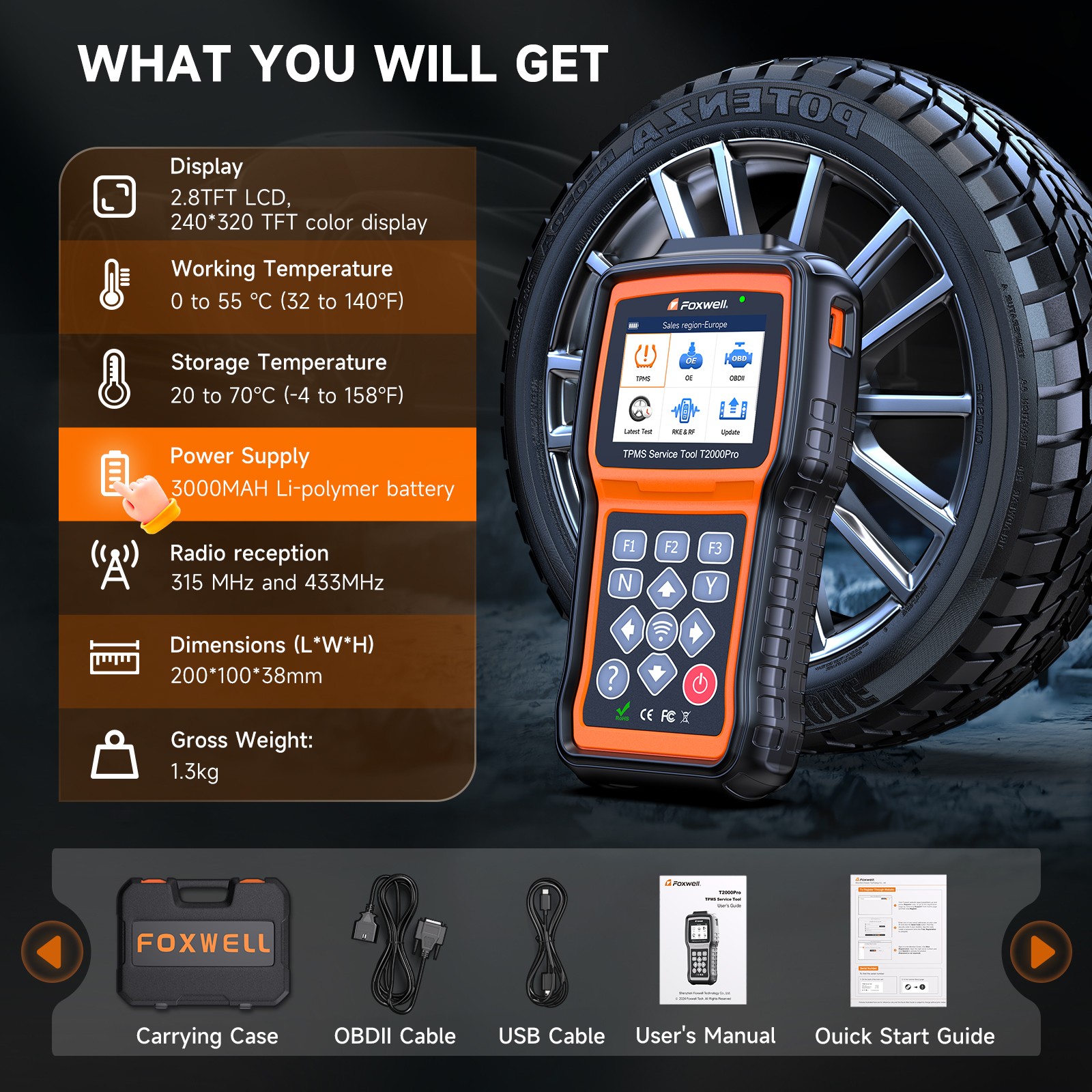 FOXWELL T2000 PRO Tire Pressure TPMS Relearn Activate Sensors Programming Tool