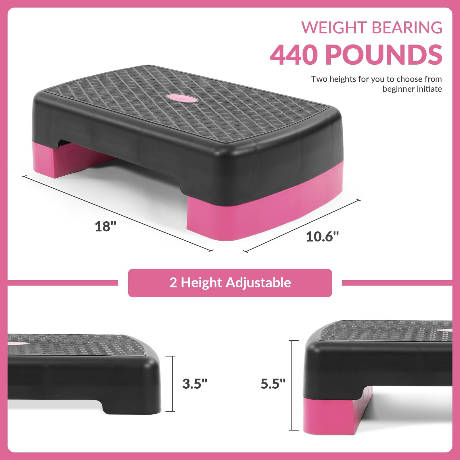 18" Aerobic Step Platform, Workout Stepper with Adjustable 2 Stackable Risers...
