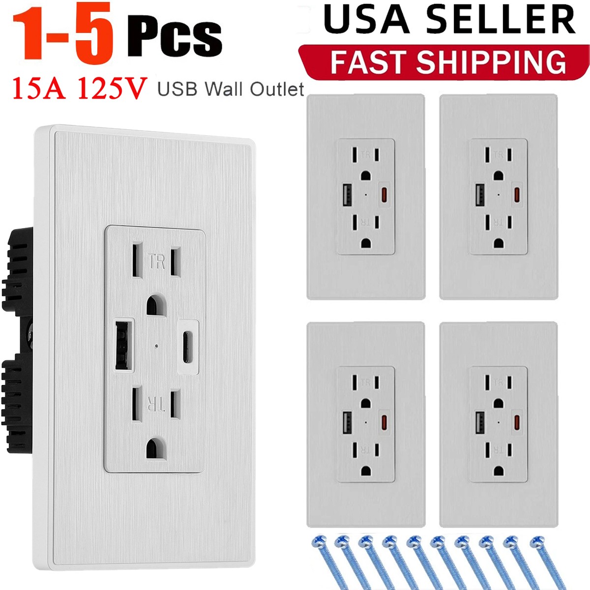 USB Outlet Type-C/A Wall Charger 15A TR Receptacle Plug Electrical Socket US