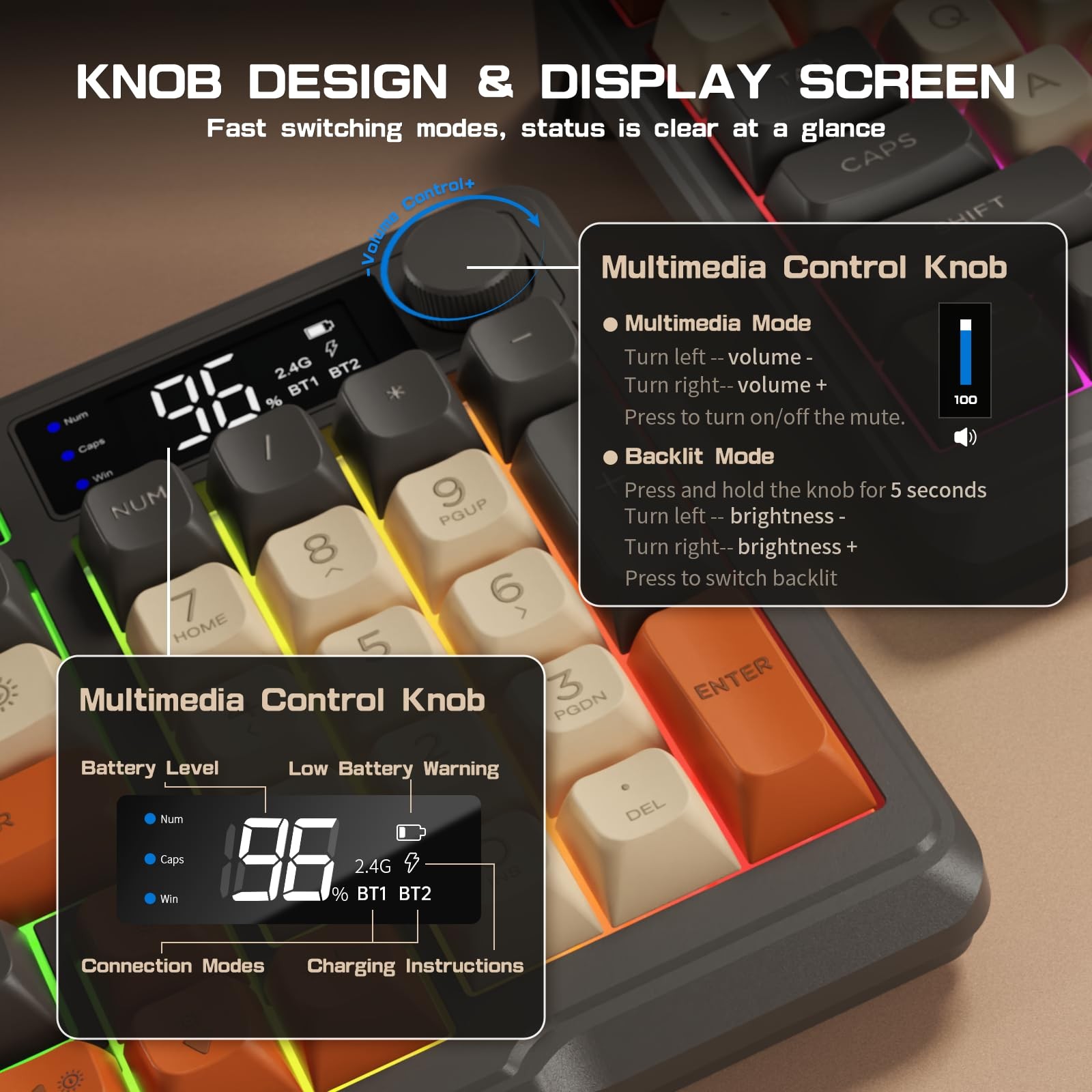 Wireless Gaming Keyboard with RGB Backlight, Bluetooth/2.4G, 94 Keys