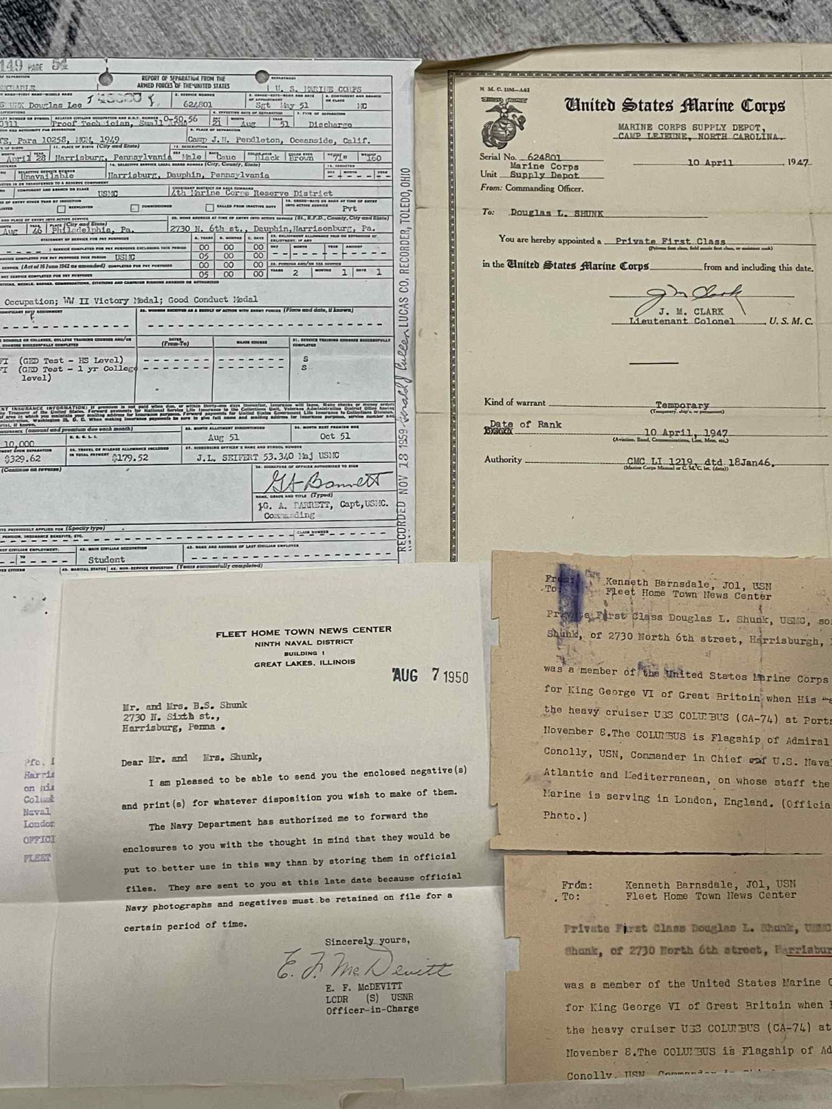 DOCUMENT GROUPING WW2 WWII to Korea USMC US Marine Corps DE Shunk - 3rd Brigade