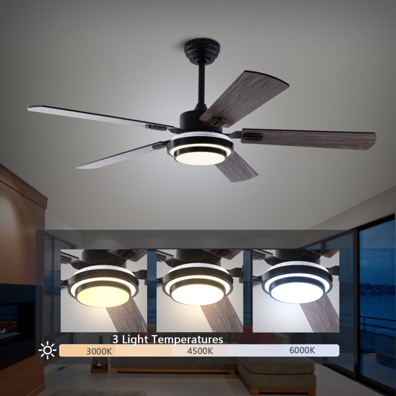 52" Modern Wood Ceiling Fan with Light 5 Double Sided Blade Reversible Remote