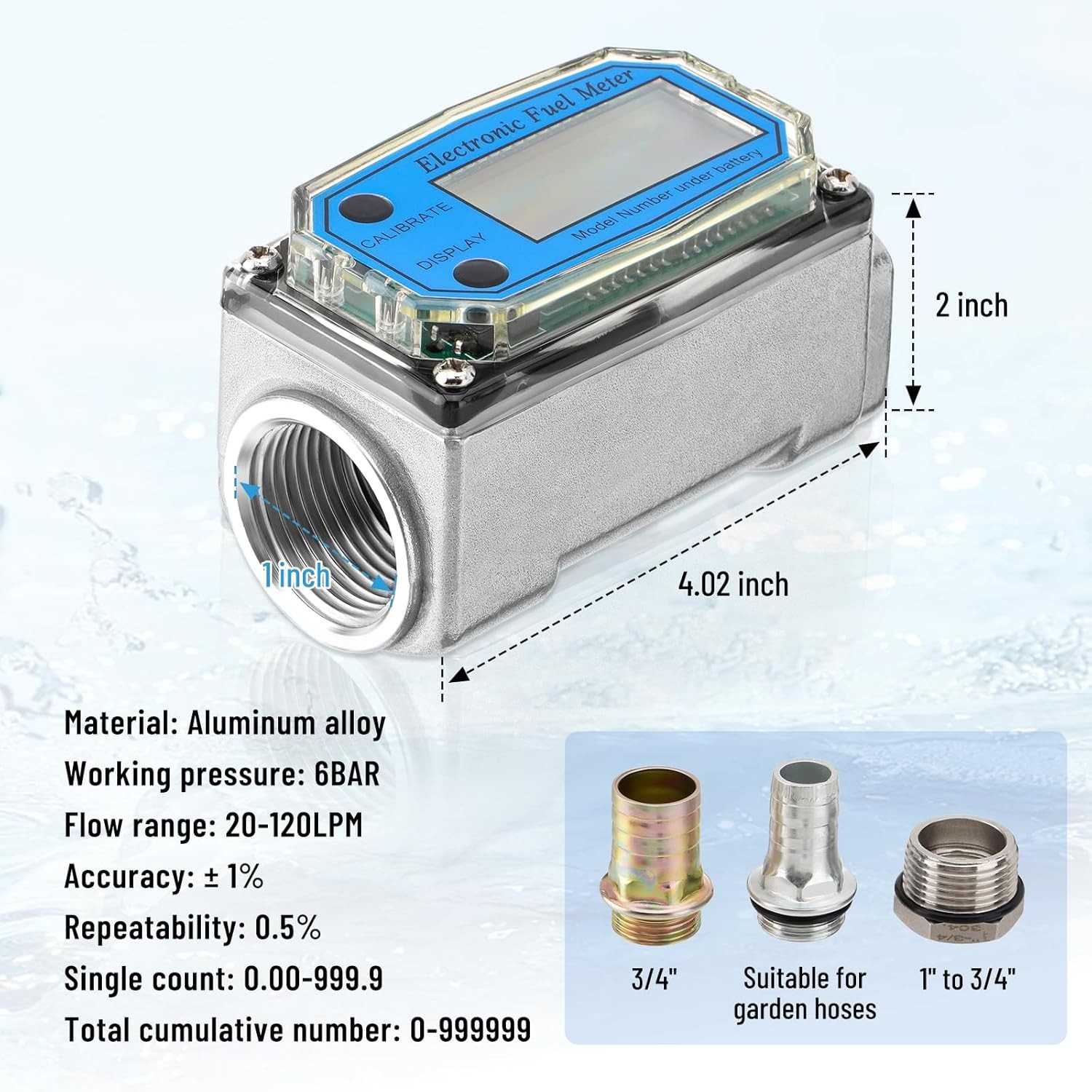 Flow Meter 1" Digital Turbine Fuel Meter Waterproof Inline NPT Thread Flowmeter