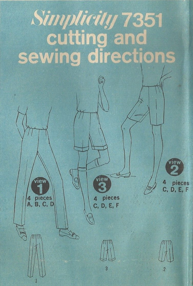 SIMPLICITY 7351 MISSES' WAIST SIZE 28" PANTS & SHORTS SEWING PATTERN ©1967