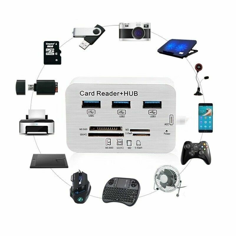 3 Port USB 3.0 Hub Memory Card Reader Adapter for MS SD M2 TF Cards