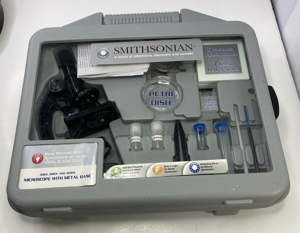 FOR PARTS Smithsonian 300x 600x 1200x Microscope W/Metal Base Kit Case #22244