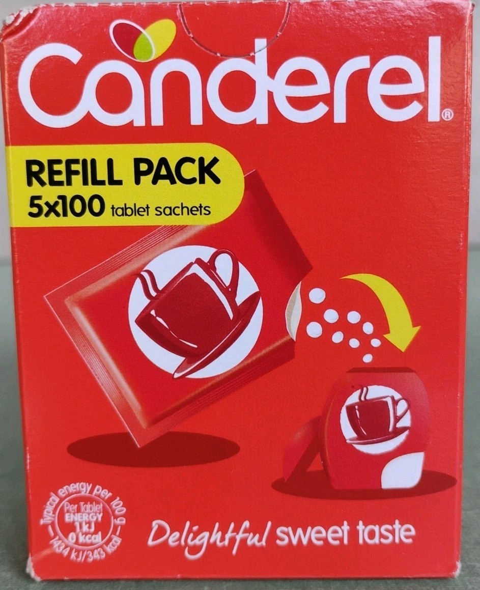 Canderel Low Calorie Sweetener Tablets Refill 5 x 100 Exp 03/2028 Damaged Box