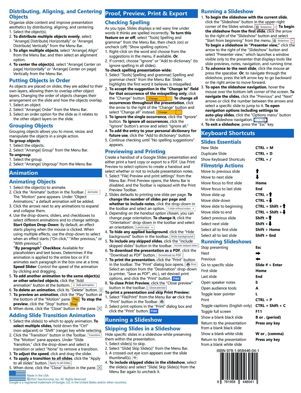 Google Slides Training Guide Quick Reference Card 4 Page Cheat Sheet Instruction