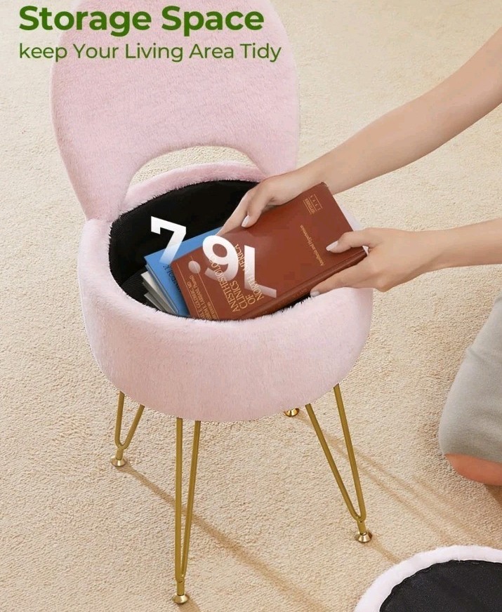 GREENSTELL Taburete Small de tocador con almacenamiento y respaldo plegable Rosa