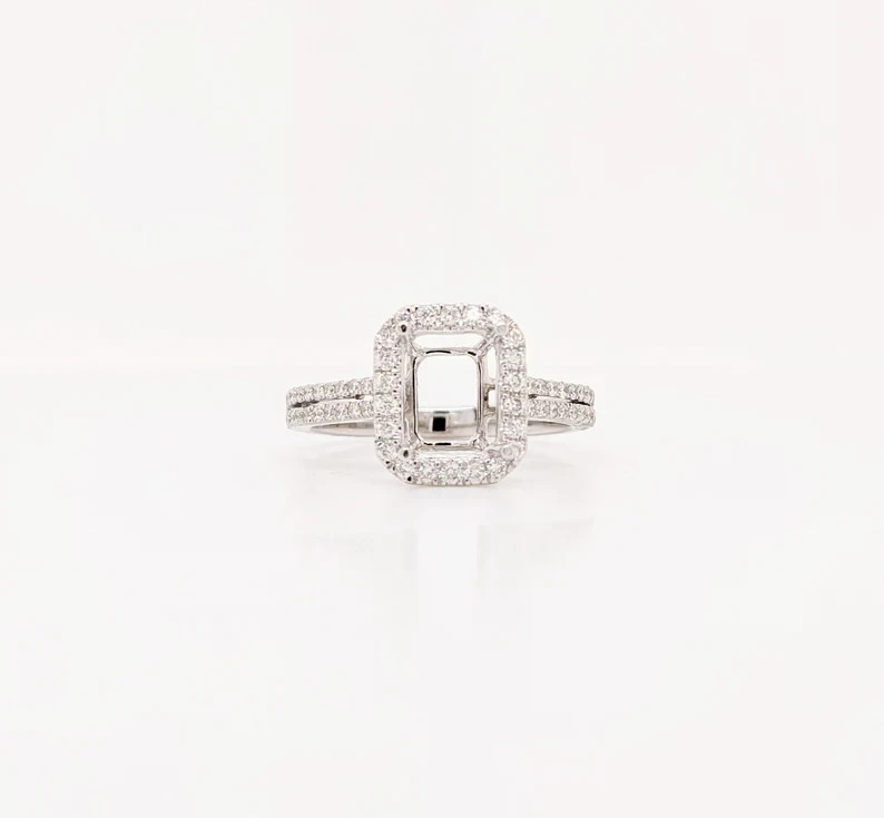 925 Sterling Silver Emerald Cut Semi Mount Ring Double Halo CZ Engagement Ring