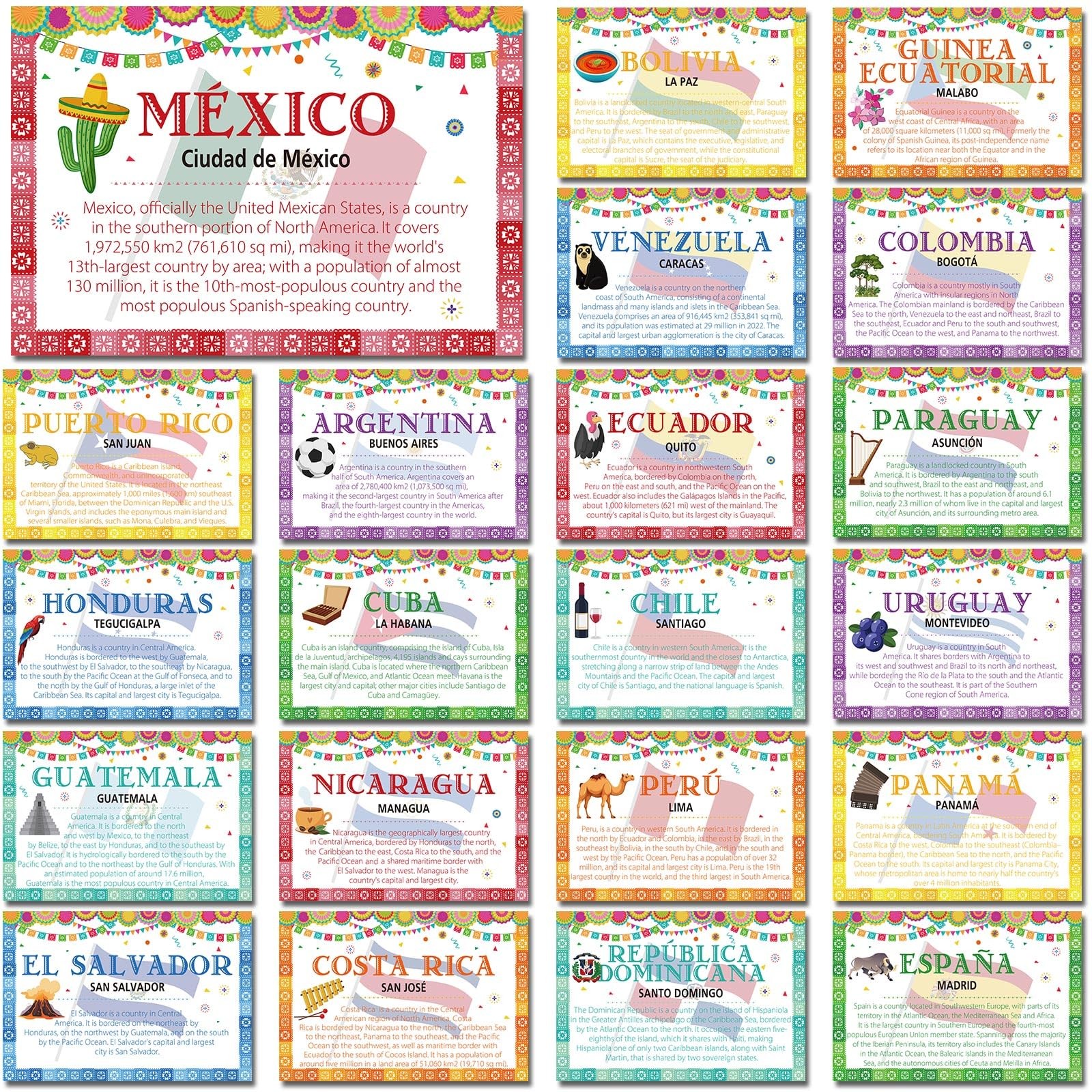 21 Pcs Spanish Language Country Posters Bulk Spanish Speaking Classroom Decor...