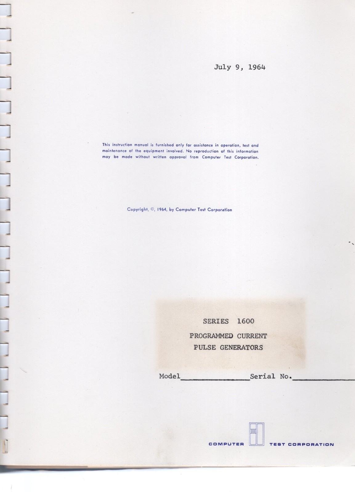 Original Computer Test Corp Series 1600 Current Pulse Generators Manual 1964