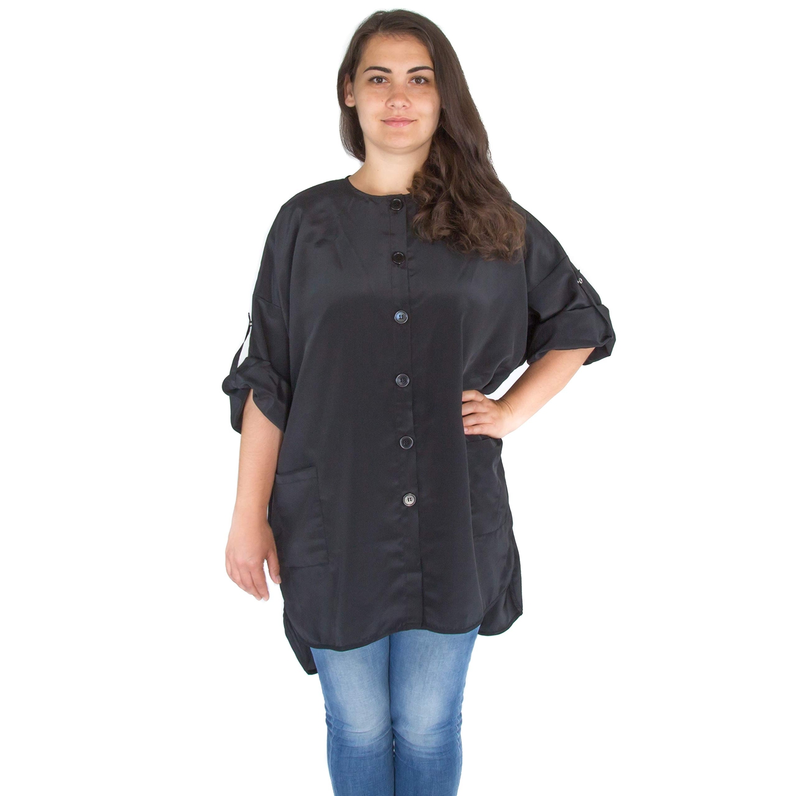 X-Large Plus Size Hair Stylist Tunic Roll Sleeves Pockets Esthetician Jacket