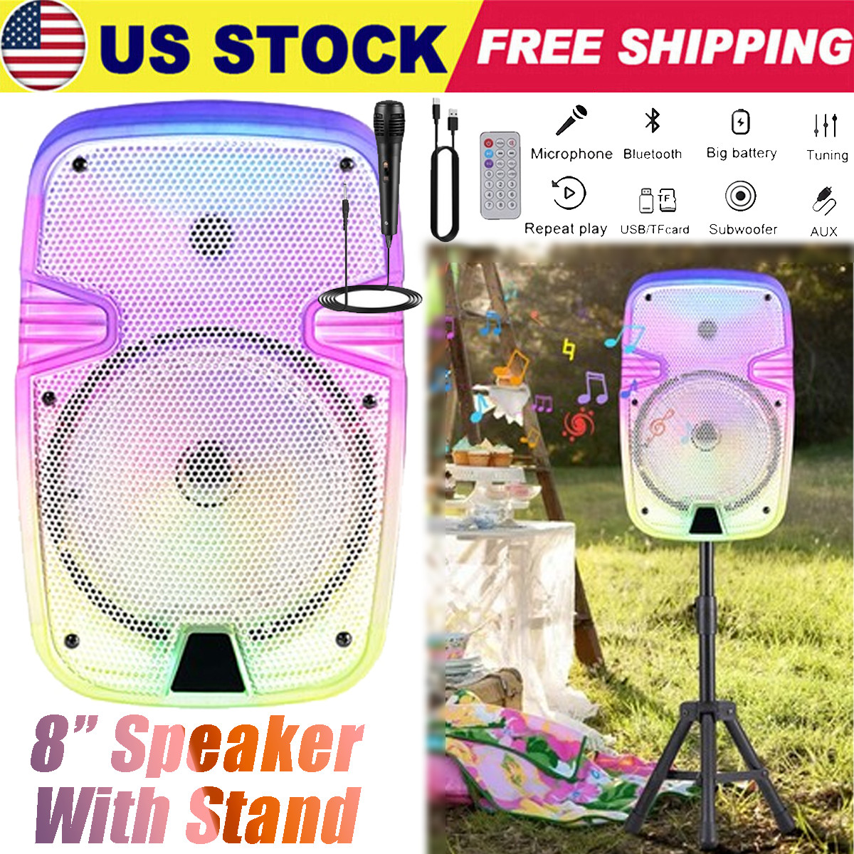 8" Portable Bluetooth Speaker Transparent Heavy Bass Subwoofer Party w/Stand Mic