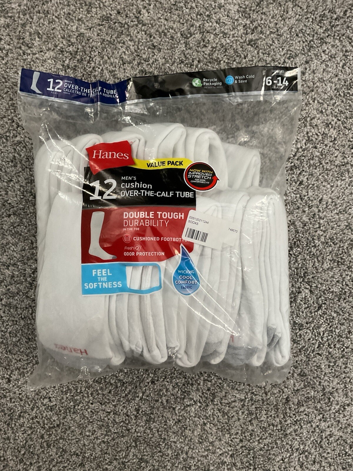 Hanes Men's White Double Tough Durability Over-The-Calf Tube Socks, 12-Pack 6-14