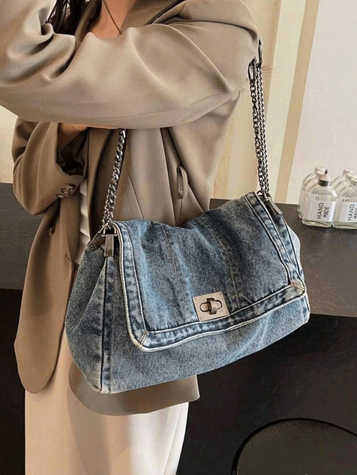 Retro Wash Denim Quilted Chain Shoulder Bag Large Crossbody Purse Women Fashion
