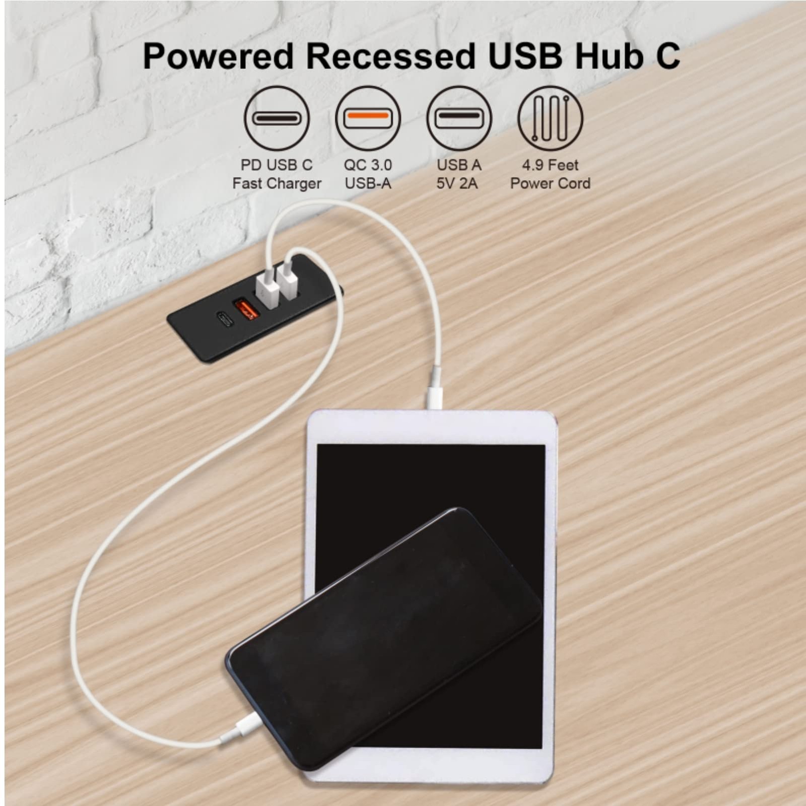 Powered USB C Hub Socket Recessed USB C Power Strip Outlet with Fast Charge 4...
