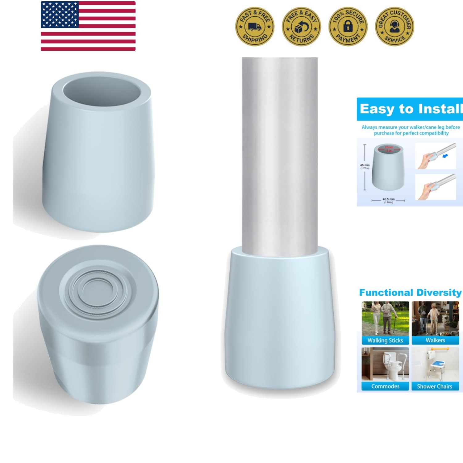 Rubber Walker Tips 1 inch 2-Pack, Walker Glide with Metal Insert for Enhanced...