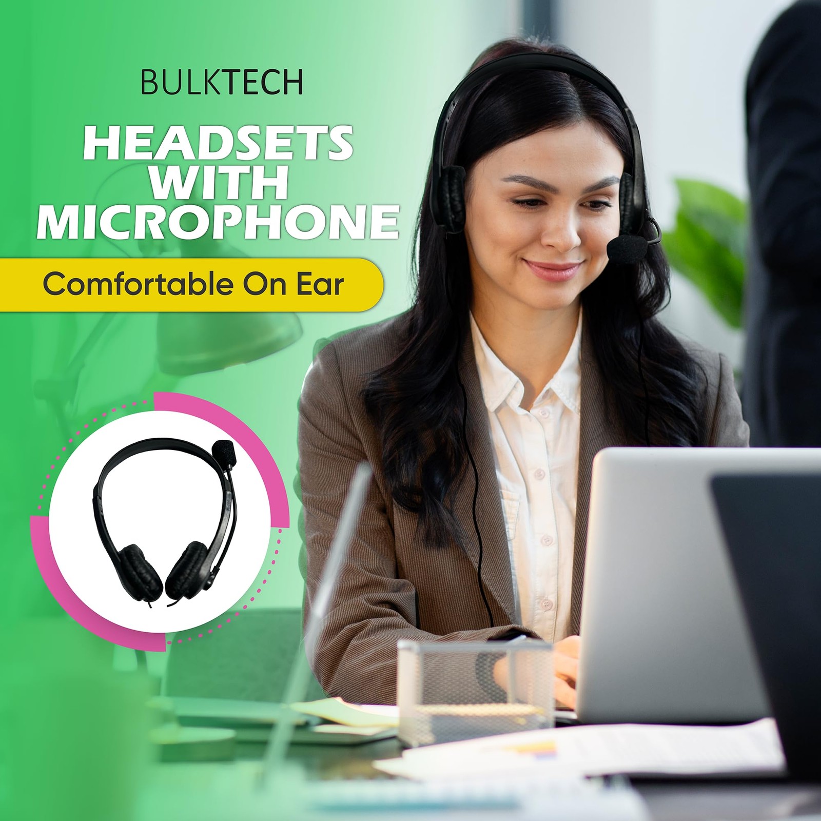 Bulktech 1 Pack Wired On-Ear Leather 1 Pack, headsets with mic black