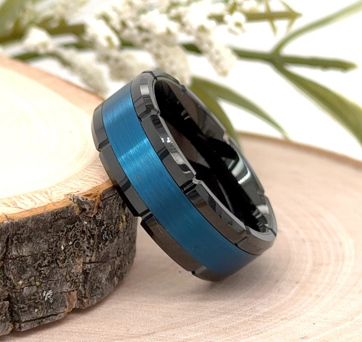 Brushed Blue IP Center Christmas Ring 8MM Black Tungsten Polished Finish Band