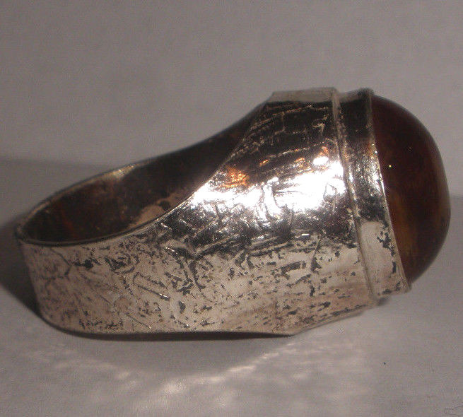 Large sterling silver modernist textured amber signed ring size 13