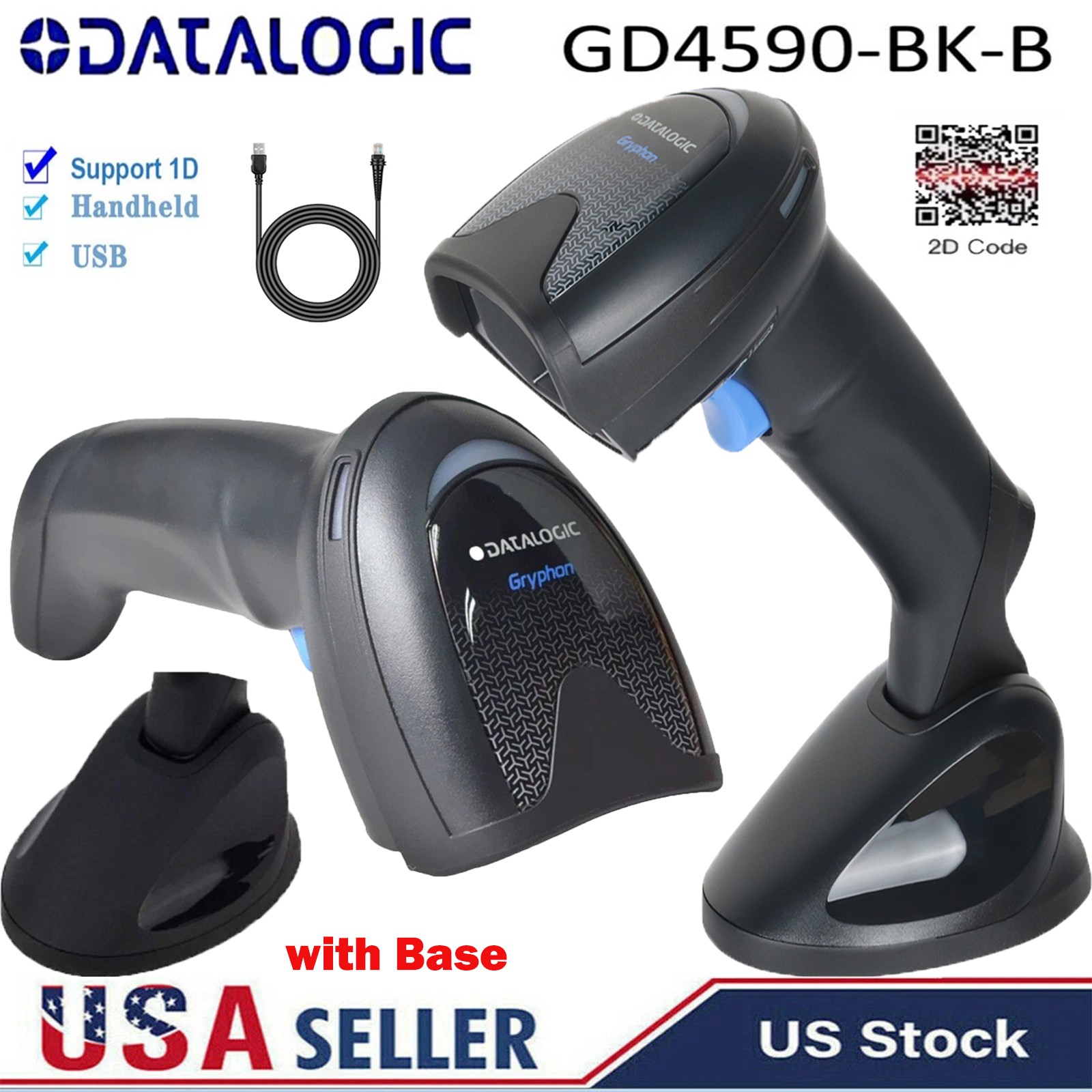 Datalogic Gryphon GD4590 USB Handheld Barcode Scanner 2D QR Code Reader w/ Stand