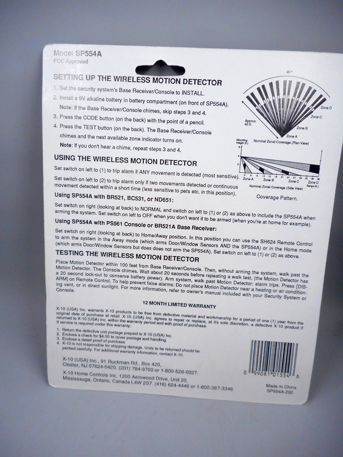 X-10 POWERHOUSE MOTION DETECTOR MODEL SP554A WIRELESS INFRARED