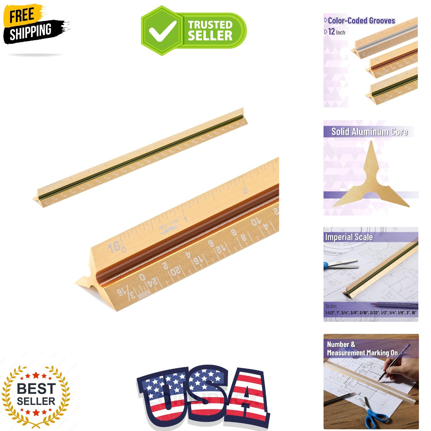 Architectural Scale Ruler, 12 inch, Gold, Aluminum Scale Ruler for Blueprints