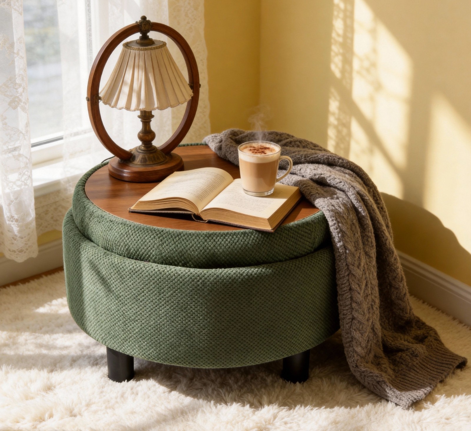 25" Round Storage Ottoman with Tray - Tufted Fabric Coffee Table