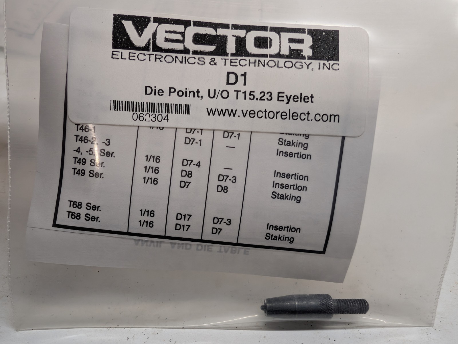 Vector Electronics D1 Die Point for T15.23 Eyelets PCB Insertion Tool 062304 NOS