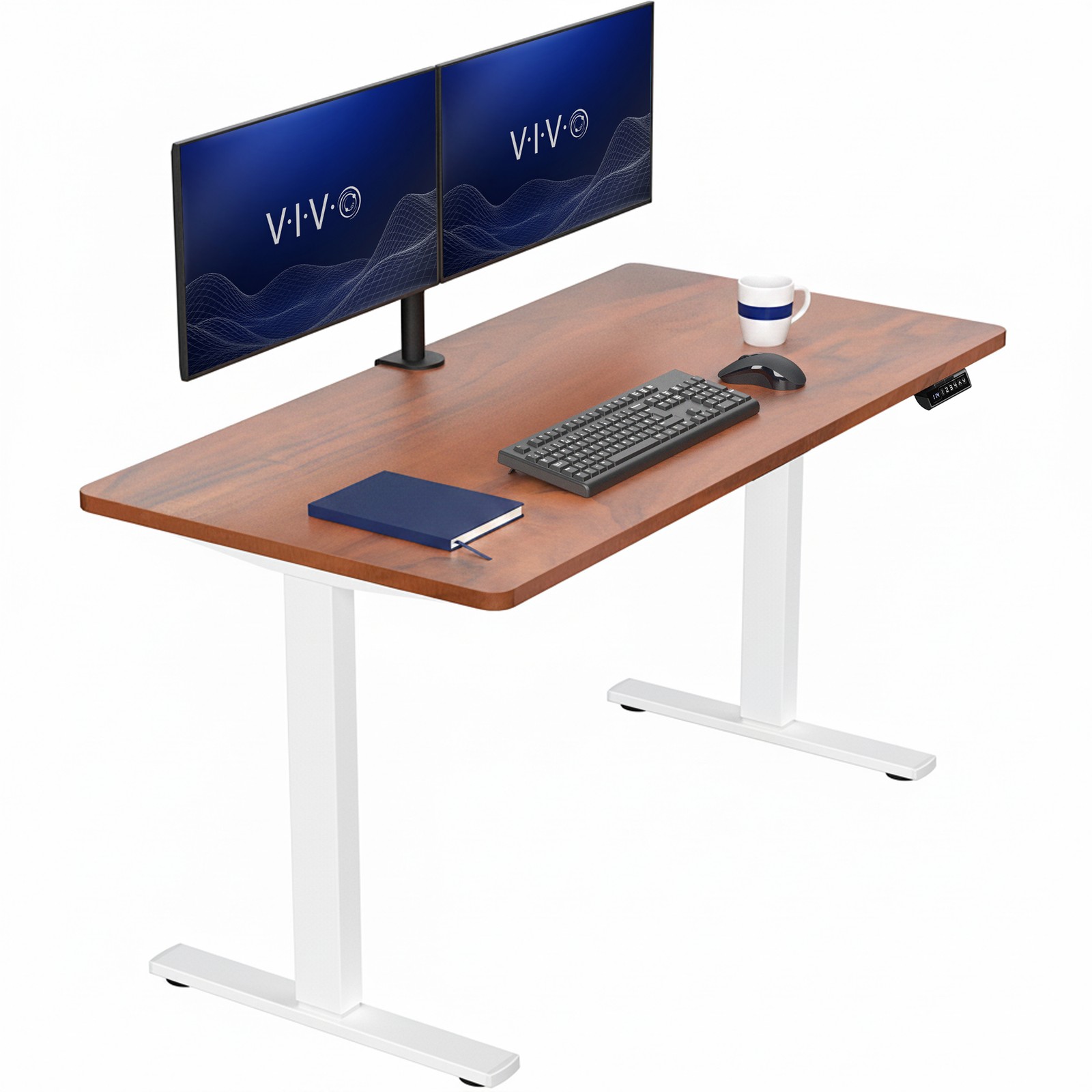 VIVO Electric 55” x 28” Stand Up Desk, Dark Walnut Table Top, White Frame