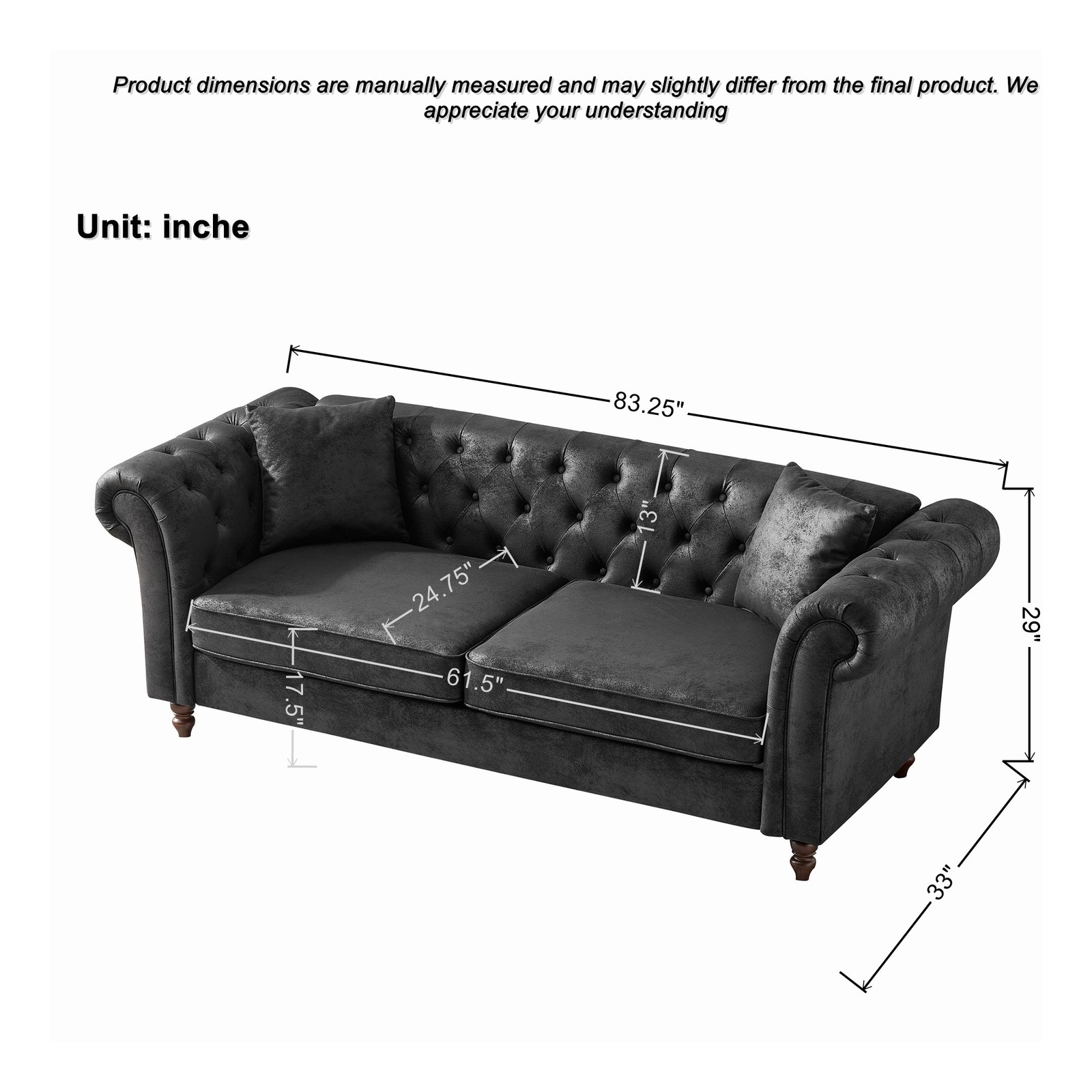 83"Chesterfield ‌tech Fabric Sofa,High-tech Fabric Roll Armrest Sofa,Upholstere