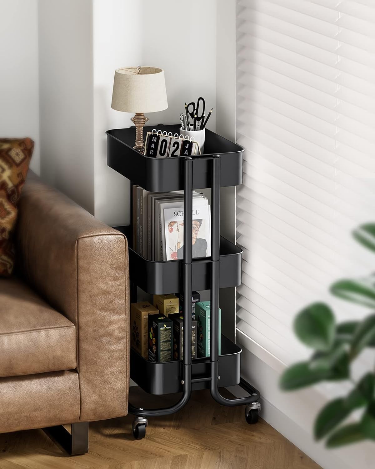 Compact 3-Tier Rolling Utility Cart - Metal & Mesh Design with Lockable Wheels