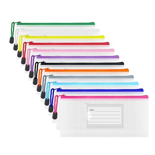Plastic Mesh Zipper Pouch, 12Pcs Zipper File Bags with Label Pocket, Game