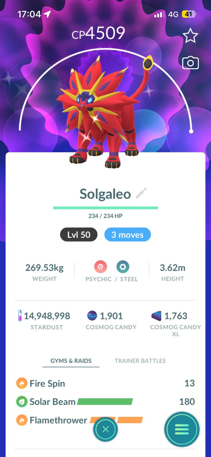 Pokémon Trade Go Level 50- Shiny Solgaleo 3 Moves For PvP Master League