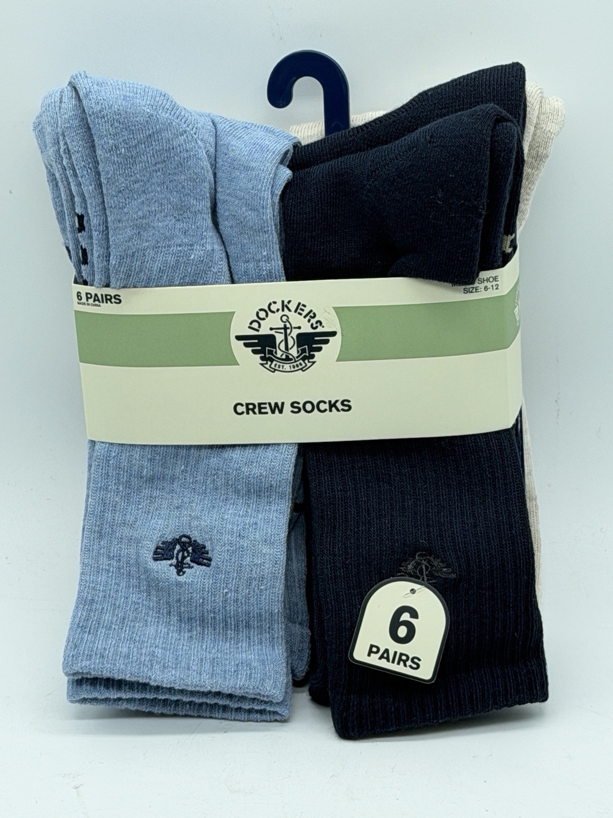 NEW 6 PAIR PACK MENS DOCKERS CREW SOCKS LARGE 6-12 BLUE / BEIGE
