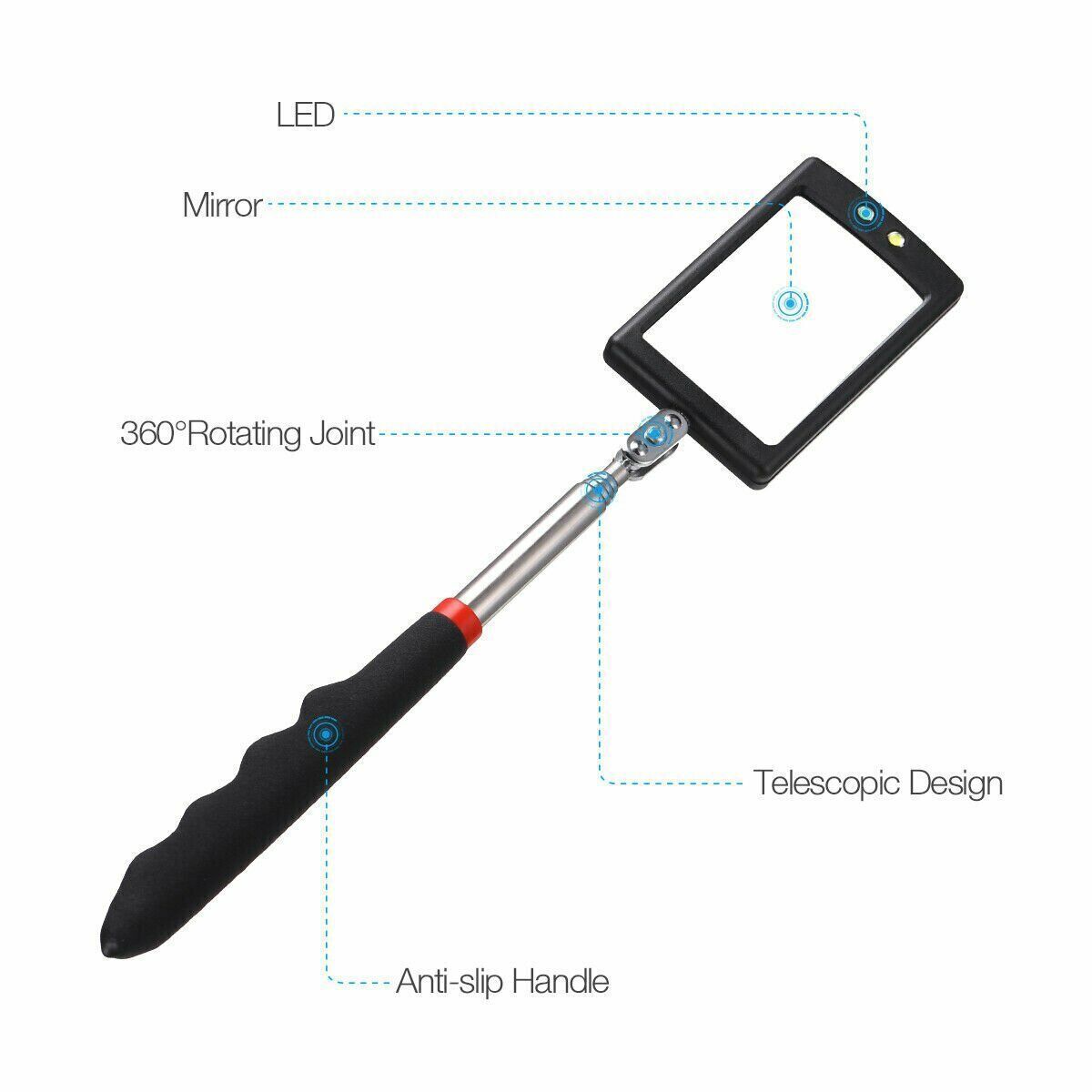 LED Lighted Mechanic Inspection Mirror Telescoping illuminate Swivel Extendable