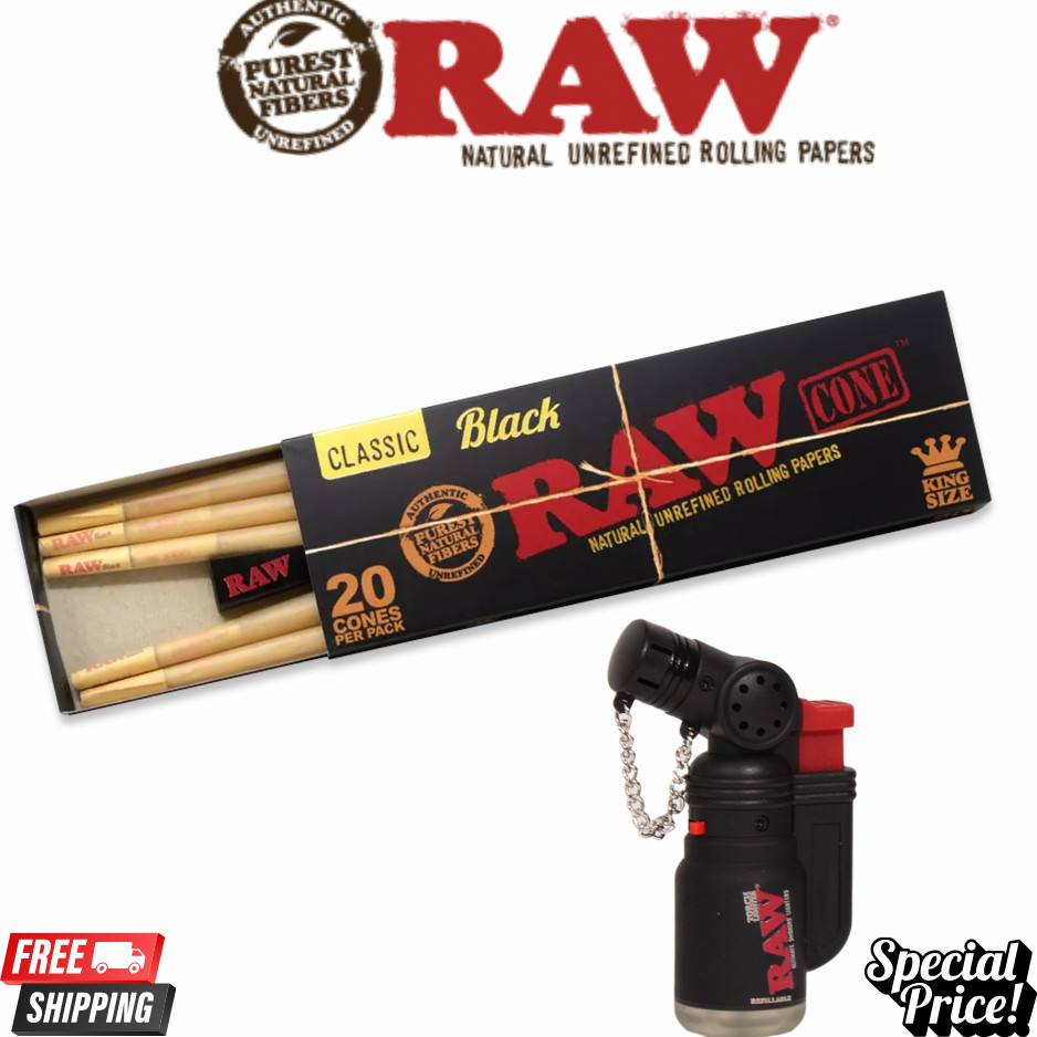 RAW Black King Siz Cones (20 Pack) Slow Burn Pre-Rolled Tips + Raw Torch Lighter