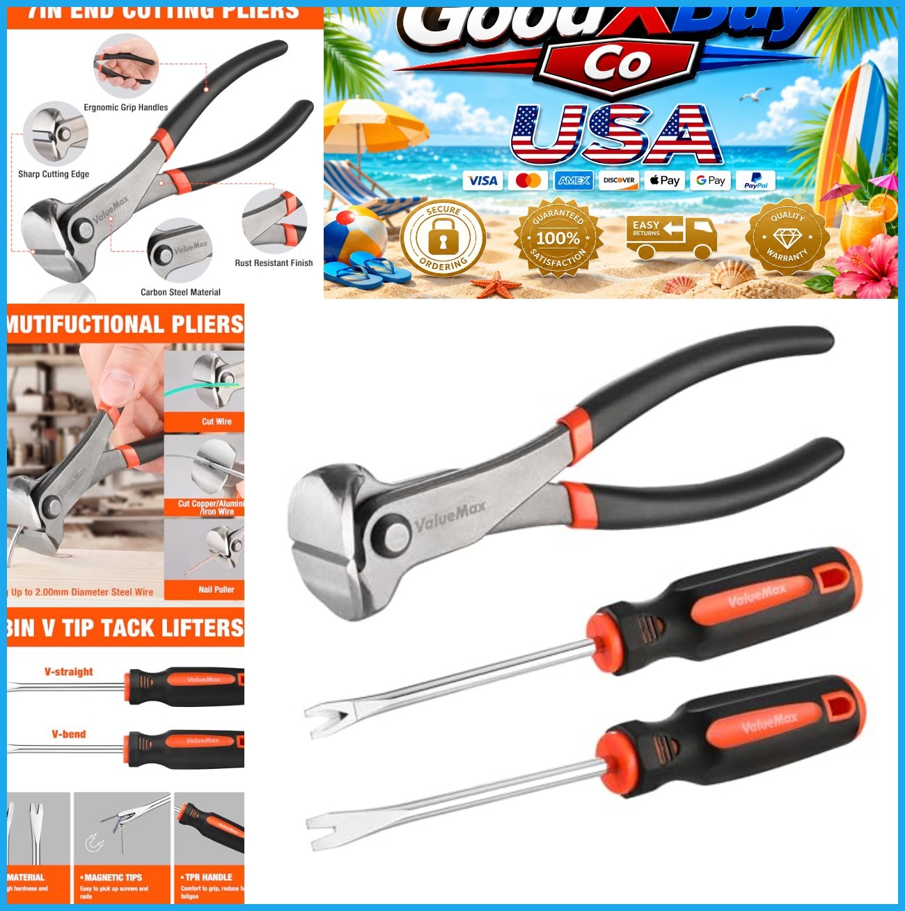 NEW 3-Piece Nail Puller & Staple Remover Tool Set 7" End Cutting Pliers 8" V-Tip