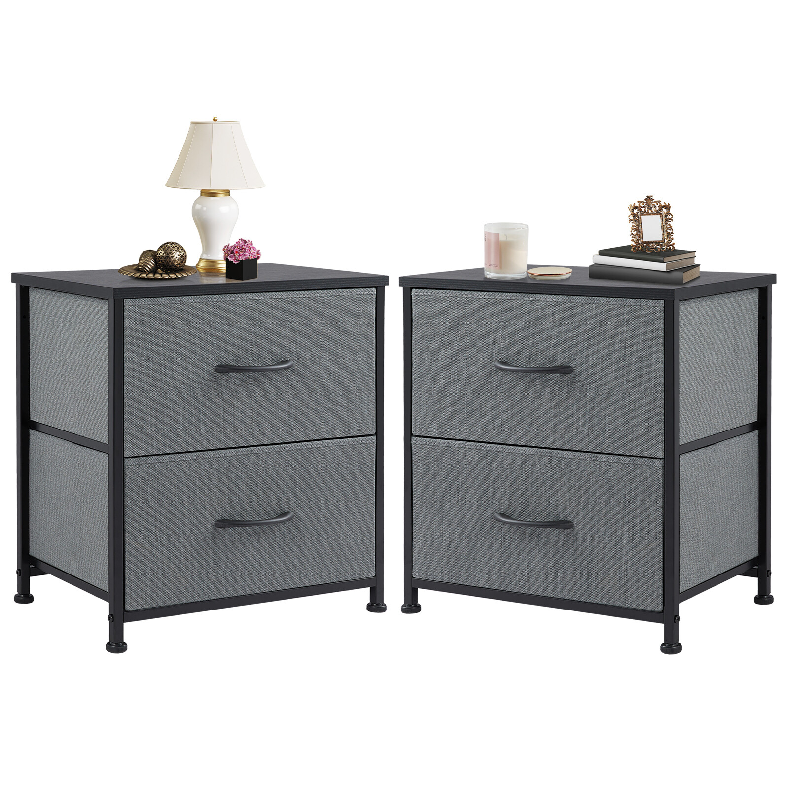 2Pcs Small Nightstand w/2 Fabric Drawers Bedroom End Side Table Bedside Table