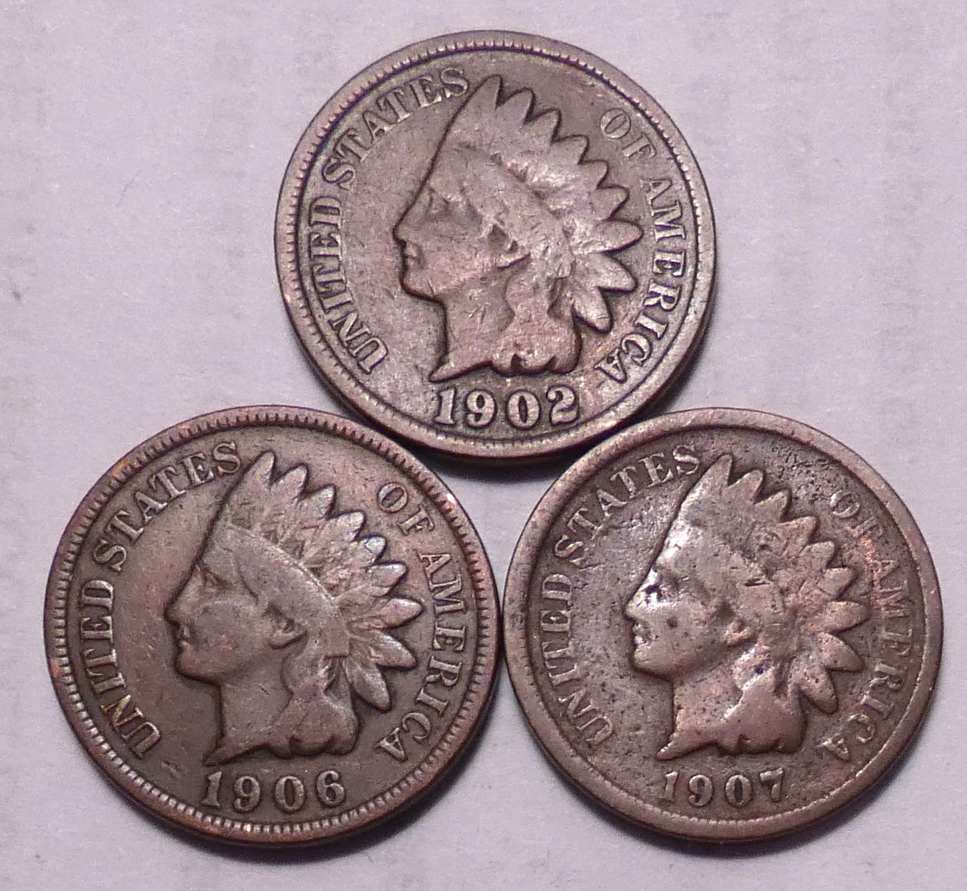 1902 1906 1907 Indian Head Cent Penny - IHC - 3 Coins