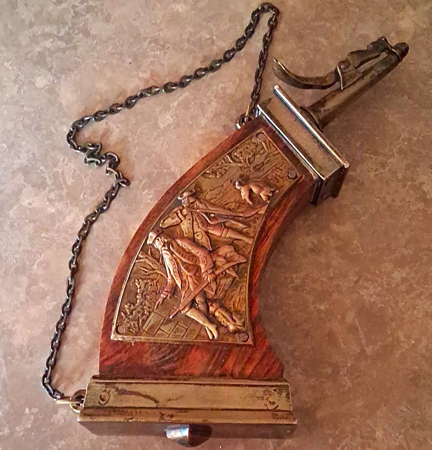 Vintage Pistol-Shaped Powder Flask w/ Chain, Embossed Hunting Scene