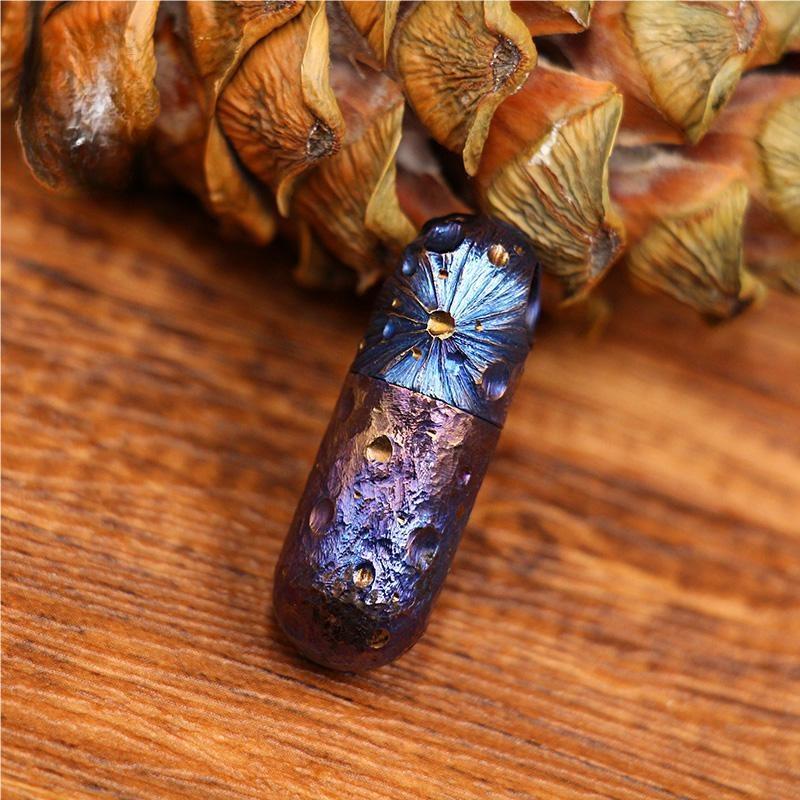 Pure Titanium Waterproof Keychain Pill Holder Case Container Hand-Carved EDC
