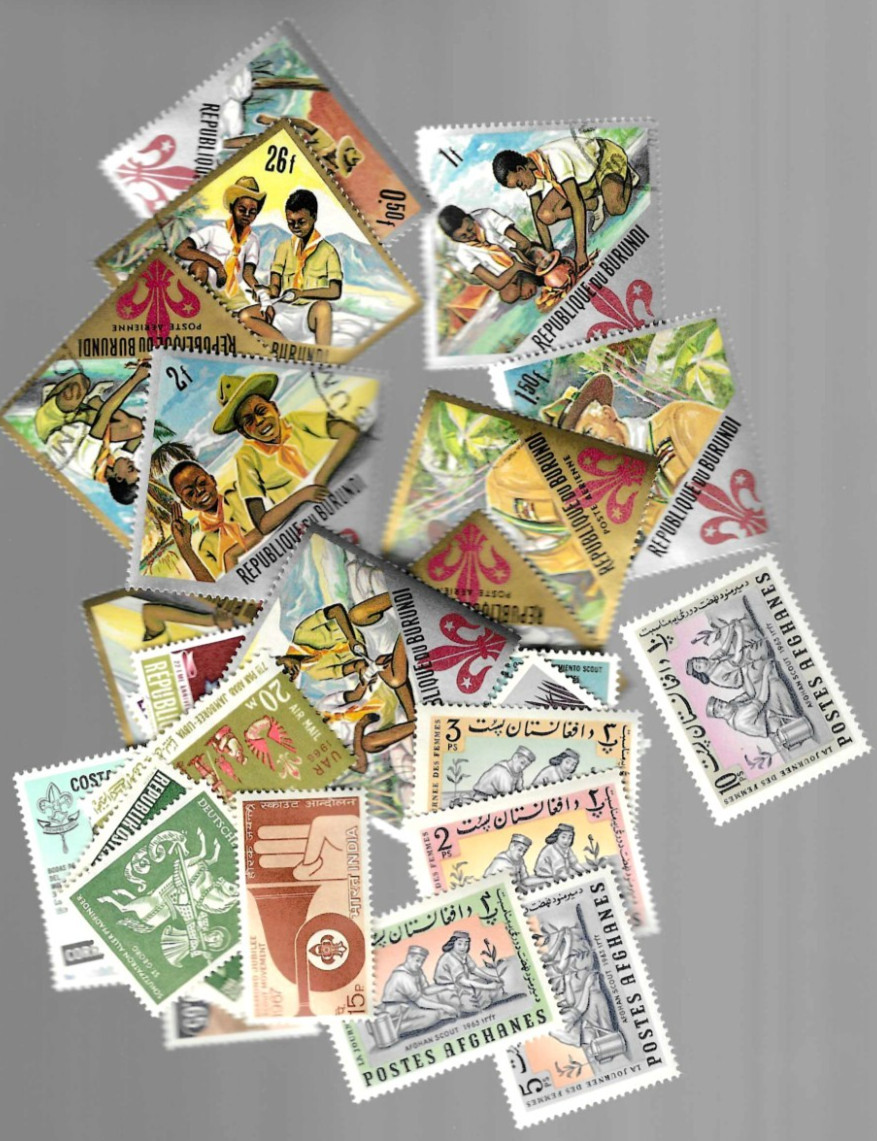 32 mixed 1960's Boy Scout related stamps; Burundi/Afghanistan/Haiti++w/ mounts