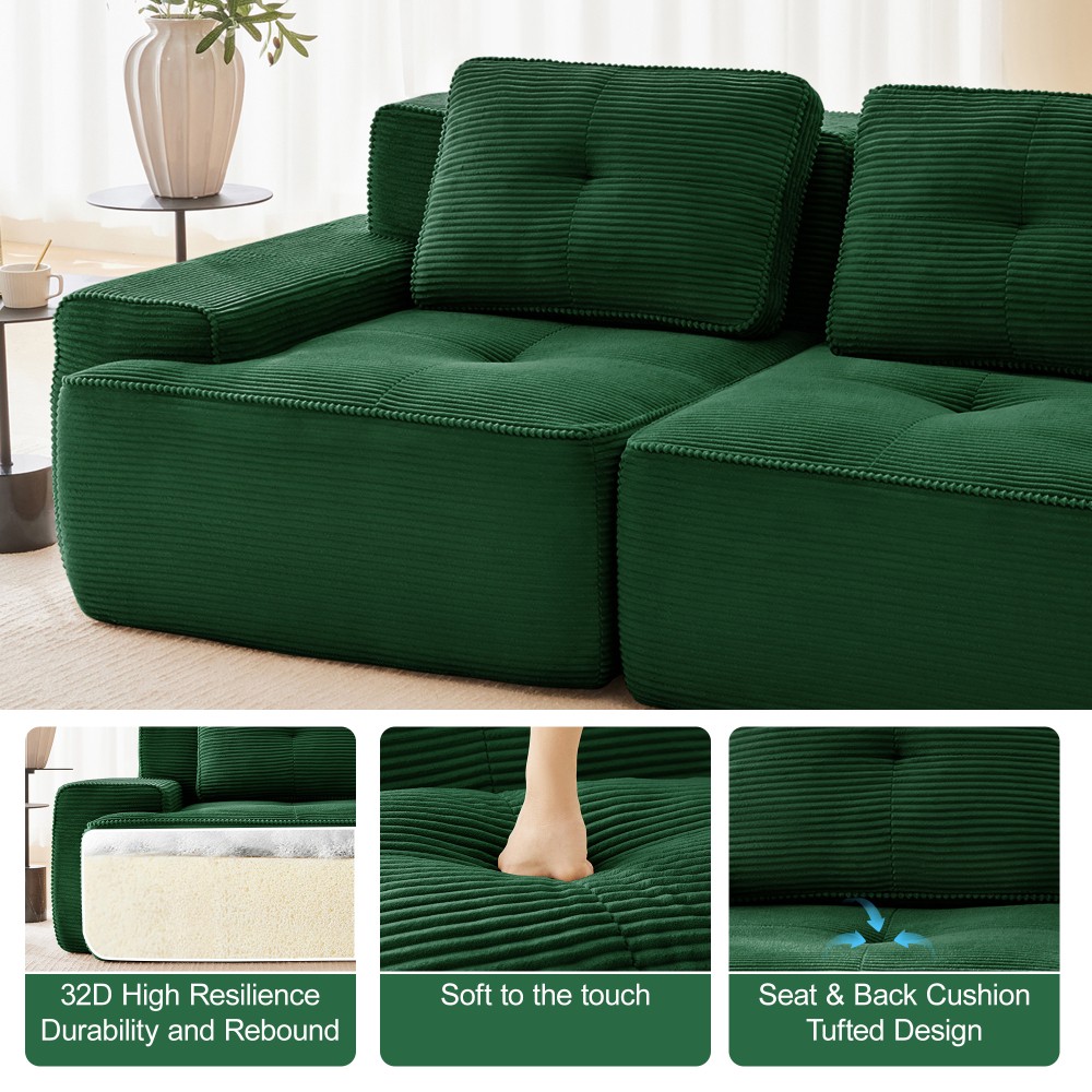 117" Modular Sectional Sofa w/ Corduroy Fabric, 3-Seater, Green