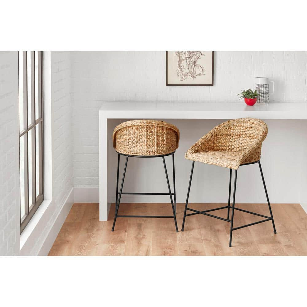 24 In. Natural Woven Hyacinth Counter Stool with Low Back