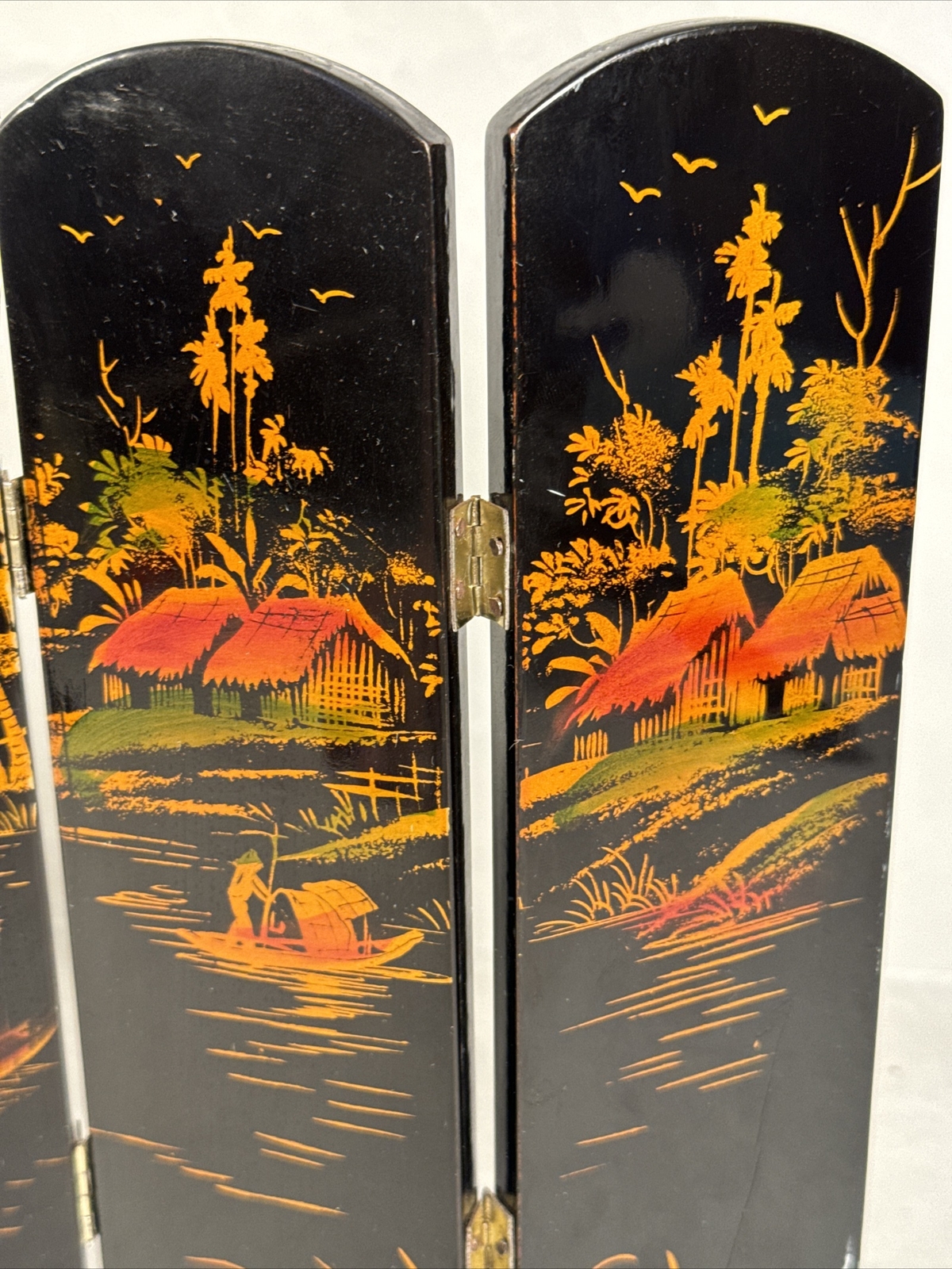 VTG Mini Oriental Folding Screen Divider 6 Panel Lacquer Wood Reversible